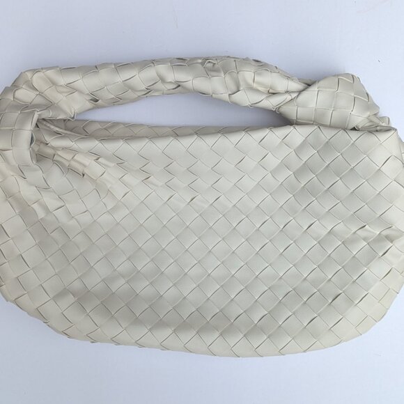 White Leather Shoulder Hand Bag – Chic Bottega Style, Woven Knot Handle NW - Picture 4 of 10